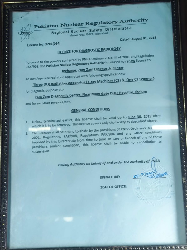 Pakistan Nuclear Regulatory Authority Licence for Diagnostic Radiology